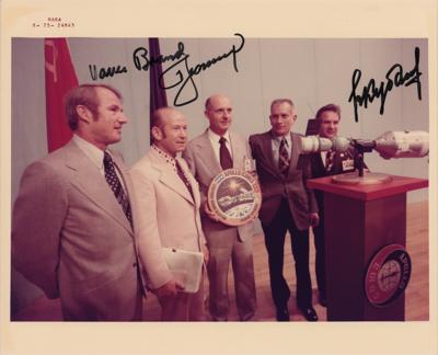 Lot #9755 Apollo-Soyuz: Brand, Leonov, and Kubasov Signed Photographs