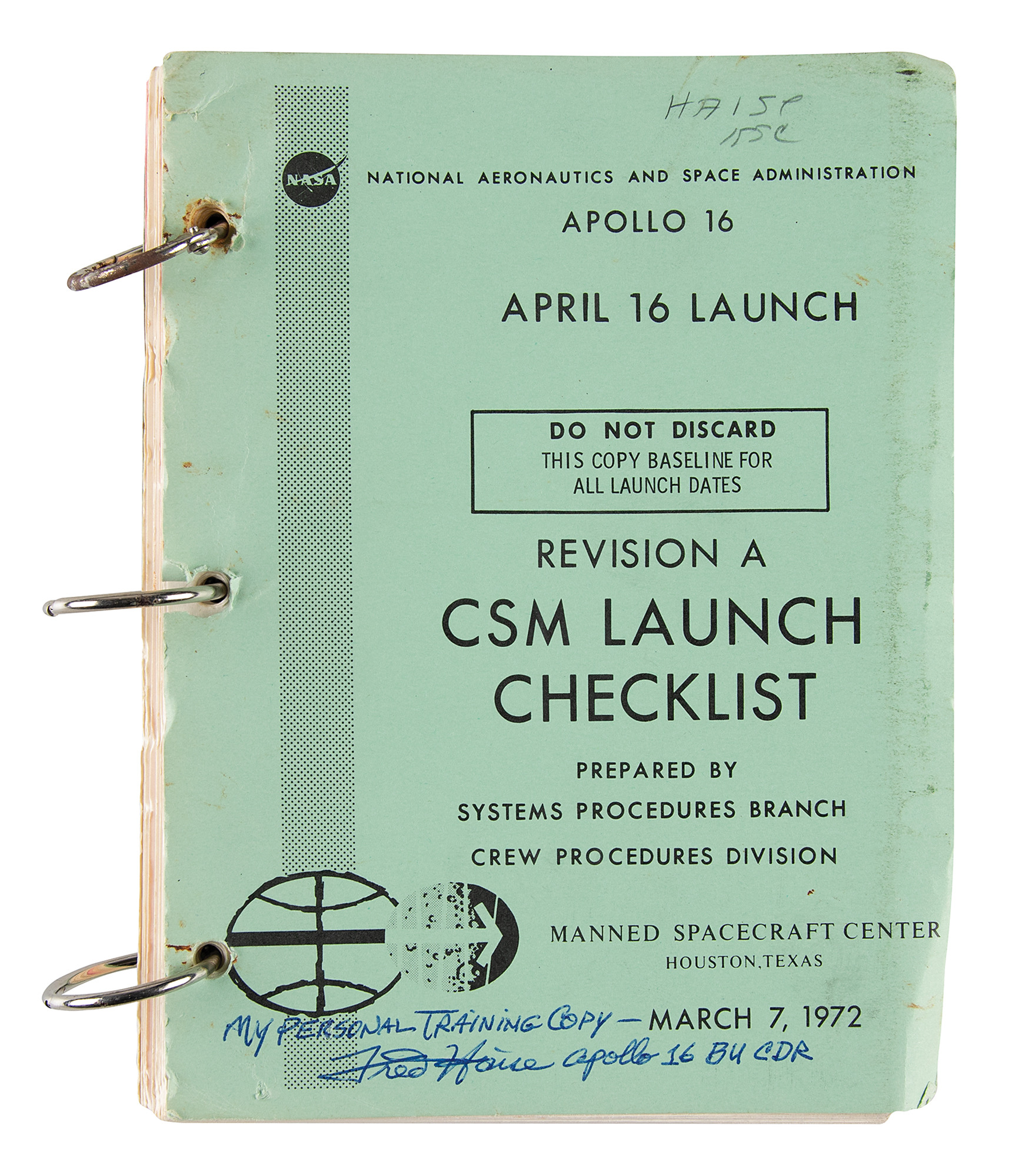 Lot #9507 Fred Haise's Training-Used Apollo 16 CSM Launch Checklist