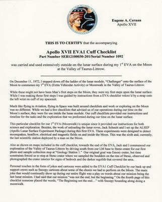 Lot #9523 Gene Cernan's Apollo 17 Flown Lunar Surface-Used EVA-1 Cuff Checklist - Image 27