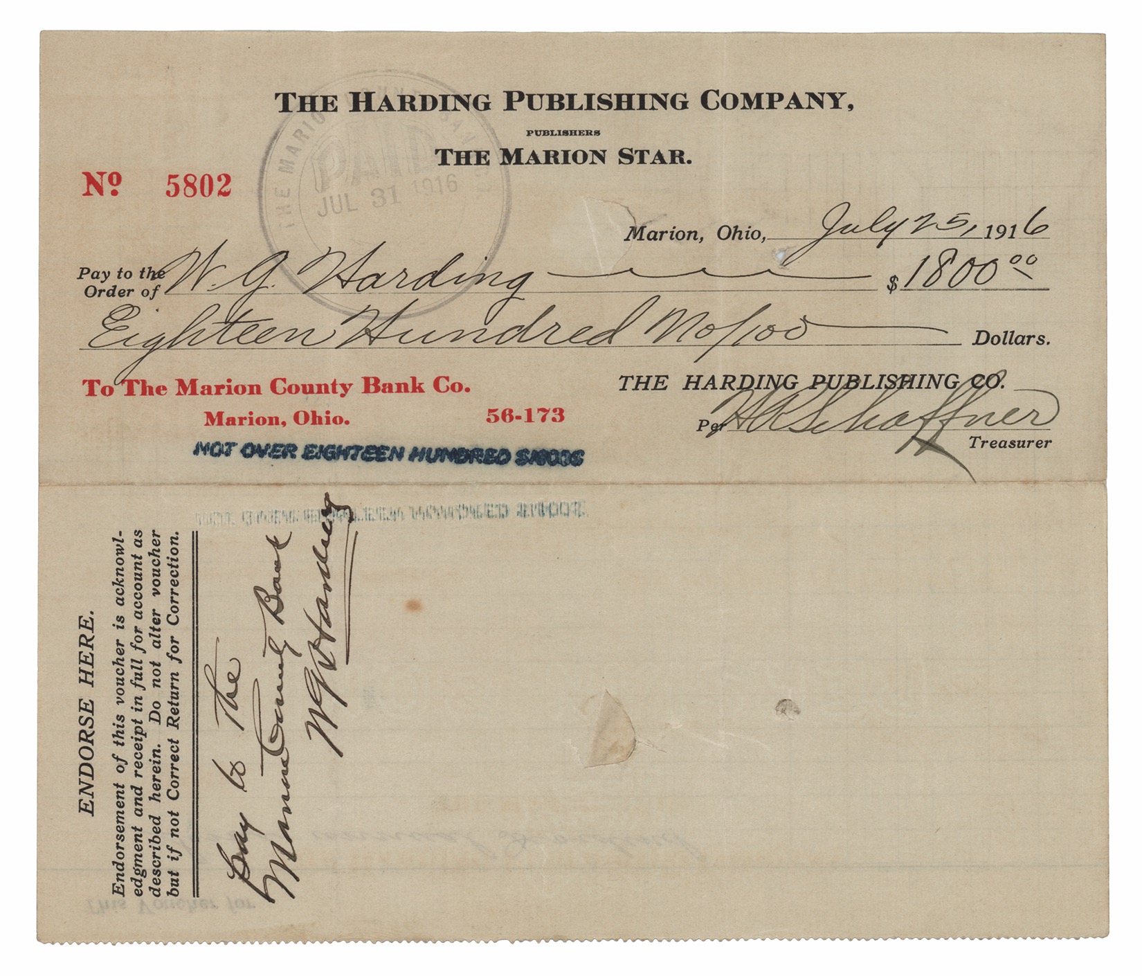 Lot #106 Warren G. Harding Document Signed - Image 1
