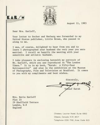 Lot #434 Yousuf Karsh Typed Letter Signed to Boris Karloff's Widow - Image 1