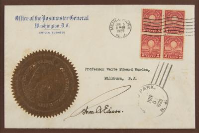 Lot #185 Thomas Edison Signed First Day Cover for Electric Light Jubilee - Image 2