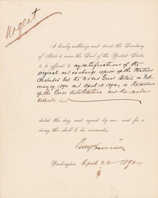 Lot #26 Benjamin Harrison Document Signed as President - Image 1