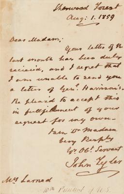 Lot #12 John Tyler Autograph Letter Signed on Presidential Autographs - Image 1