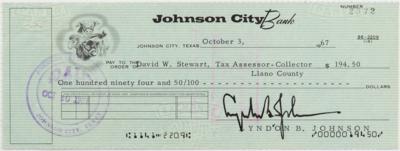 Lot #44 Lyndon B. Johnson Rare Signed Check as President - Image 1