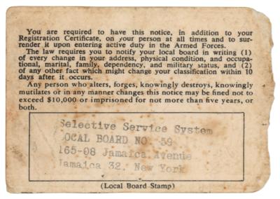 Lot #3402 Johnny Ramone's 1967 U.S. Selective Service Draft Card - Image 2