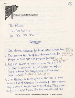Lot #3557 Prince Hand-Annotated Memo on Music and Merchandise