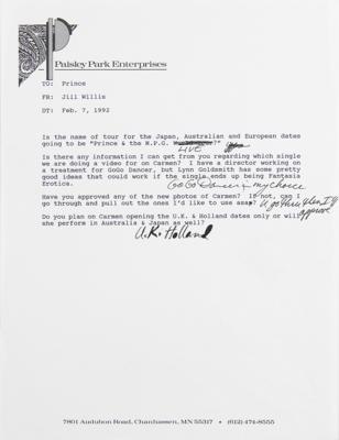 Lot #3555 Prince Hand-Annotated Memo on Carmen Electra - Image 1