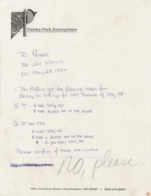Lot #3558 Prince Hand-Annotated Memo on 'Sexy MF'