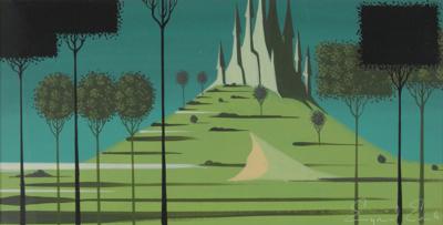 Lot #791 Eyvind Earle concept storyboard painting of the Landscape with Stylized Castle from Sleeping Beauty