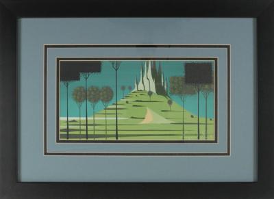 Lot #791 Eyvind Earle concept storyboard painting of the Landscape with Stylized Castle from Sleeping Beauty - Image 2