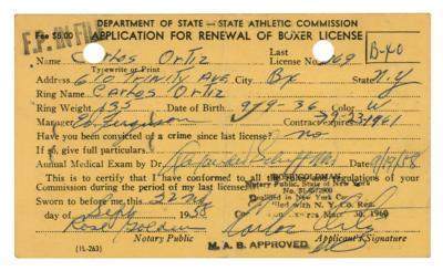 Lot #663 Carlos Ortiz Thrice-Signed Boxing License (1958) - Image 2