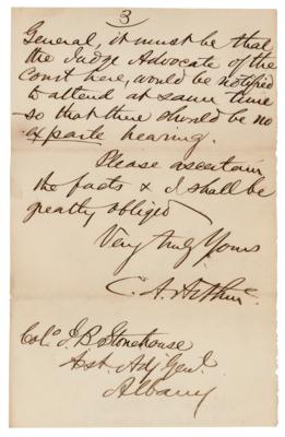 Lot #14 Chester A. Arthur Partial Autograph Letter Signed