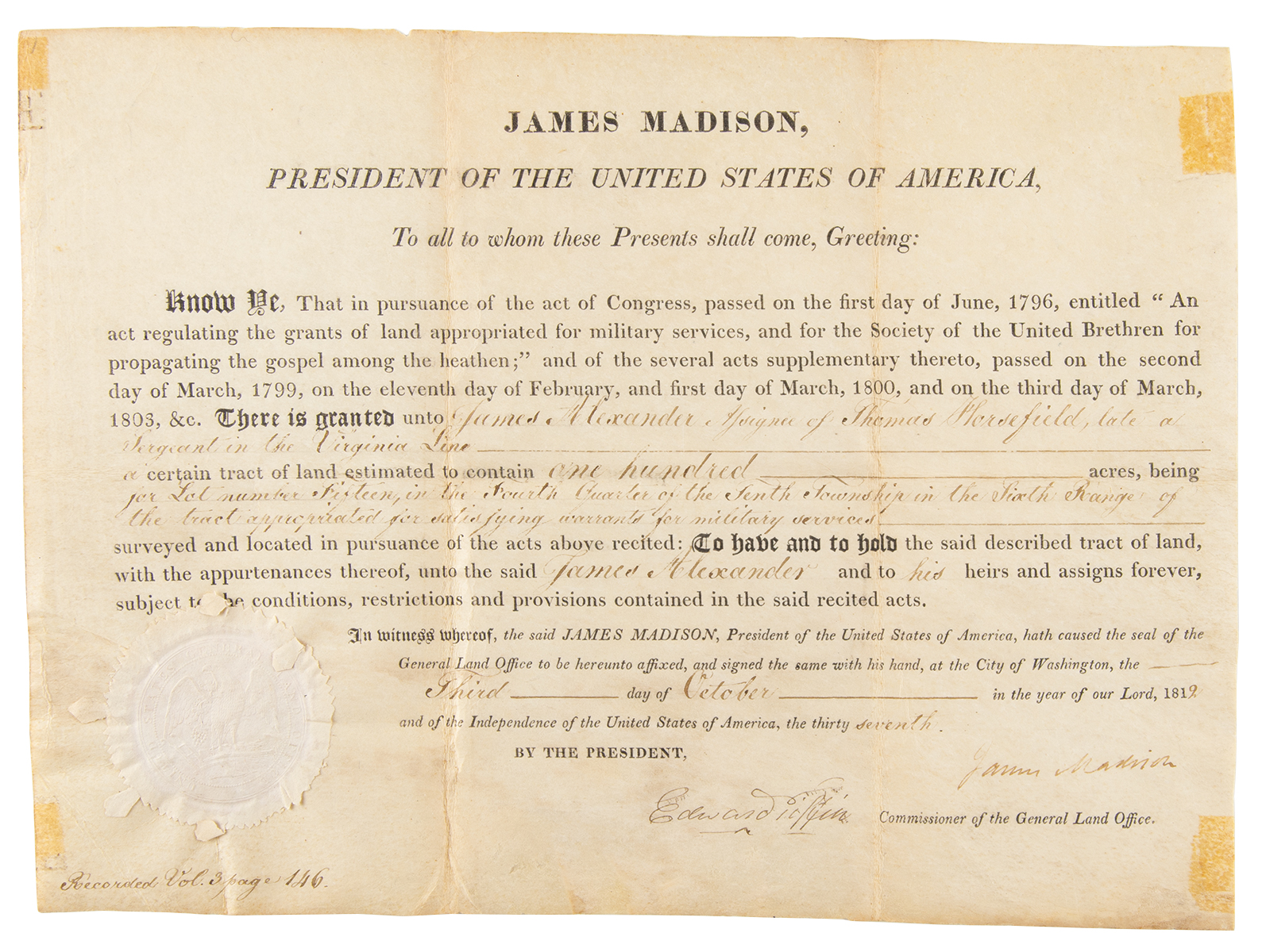Lot #3 James Madison Document Signed as President