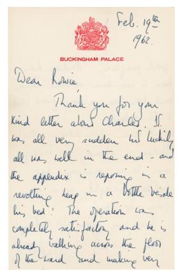 Lot #91 Queen Elizabeth II Writes to Her Midwife About Prince Charles' Appendectomy