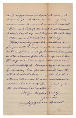 Lot #196 Jefferson Davis Autograph Letter Signed on Beauregard, Hood, and Sherman - Image 2