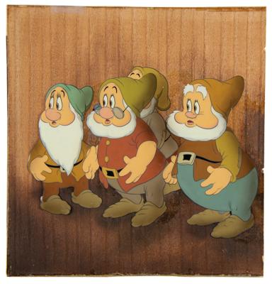 Lot #691 Bashful, Doc, Sneezy, and Happy production cel from Snow White and the Seven Dwarfs