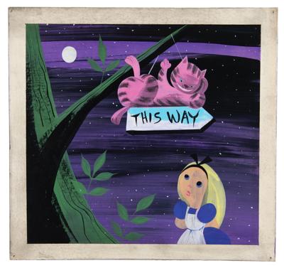 Lot #782 Mary Blair concept painting of Alice and Cheshire Cat from Alice in Wonderland