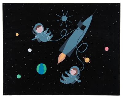 Lot #785 Mary Blair concept painting of Cosmonaut children and Sputnik for the It's A Small World ride - Image 1