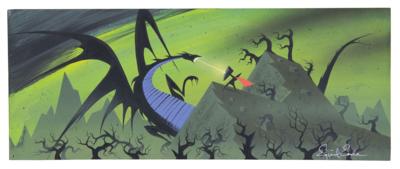 Lot #787 Eyvind Earle concept painting of Prince Phillip and Maleficent from Sleeping Beauty