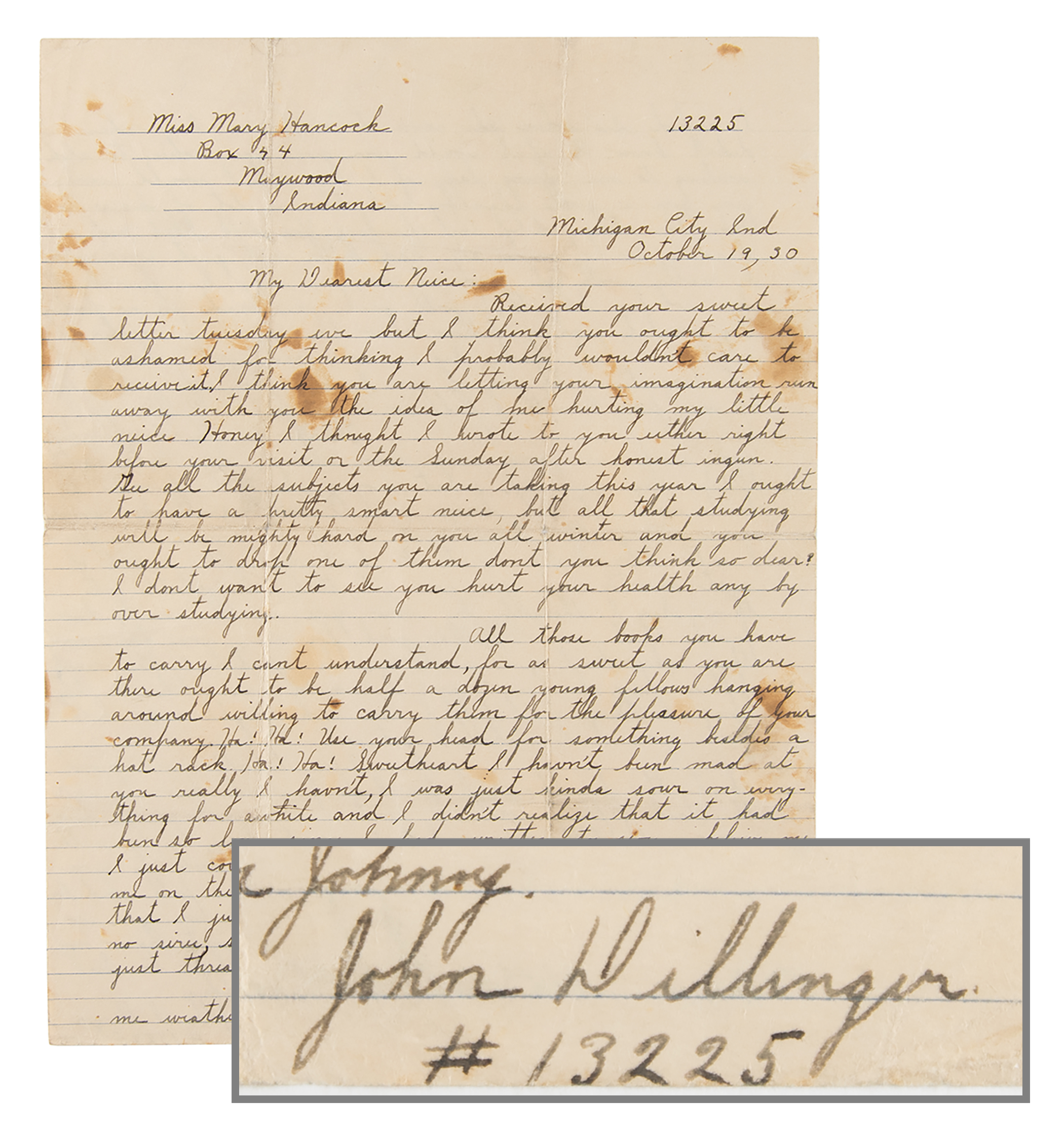 Lot #6050 John Dillinger Autograph Letter Signed from Prison: I am broke right now but just you wait untill I get out