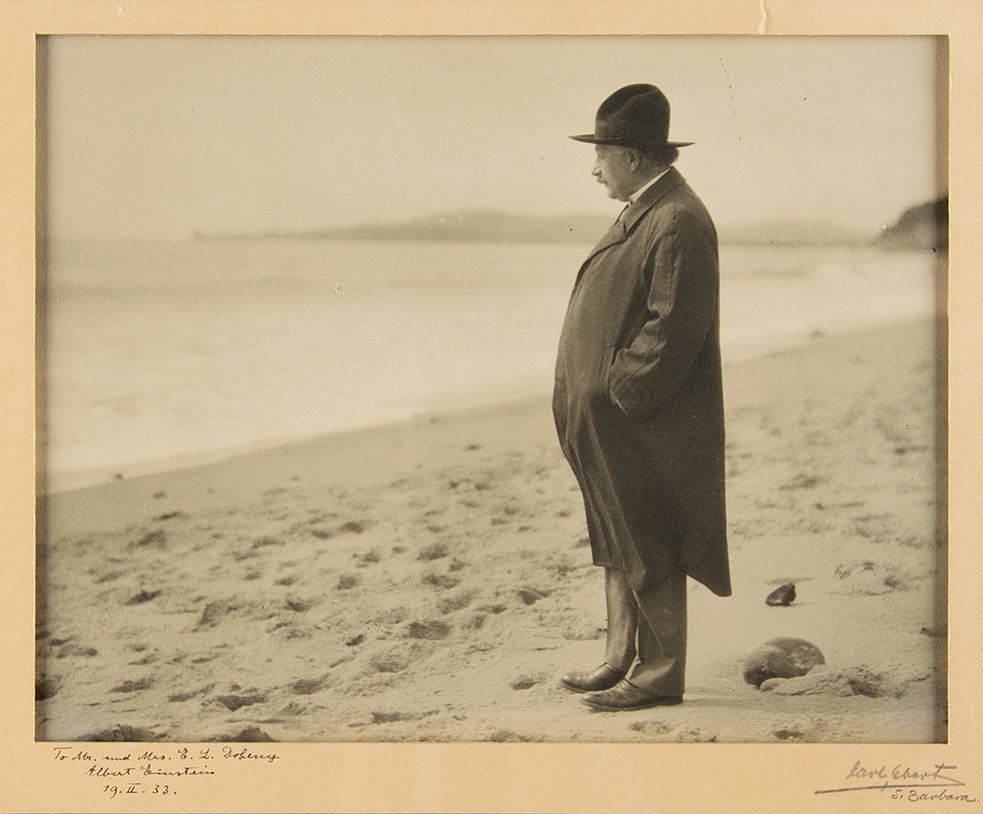 Lot #6048 Albert Einstein Signed Photograph on Santa Barbara Beach (1933) - Image 1
