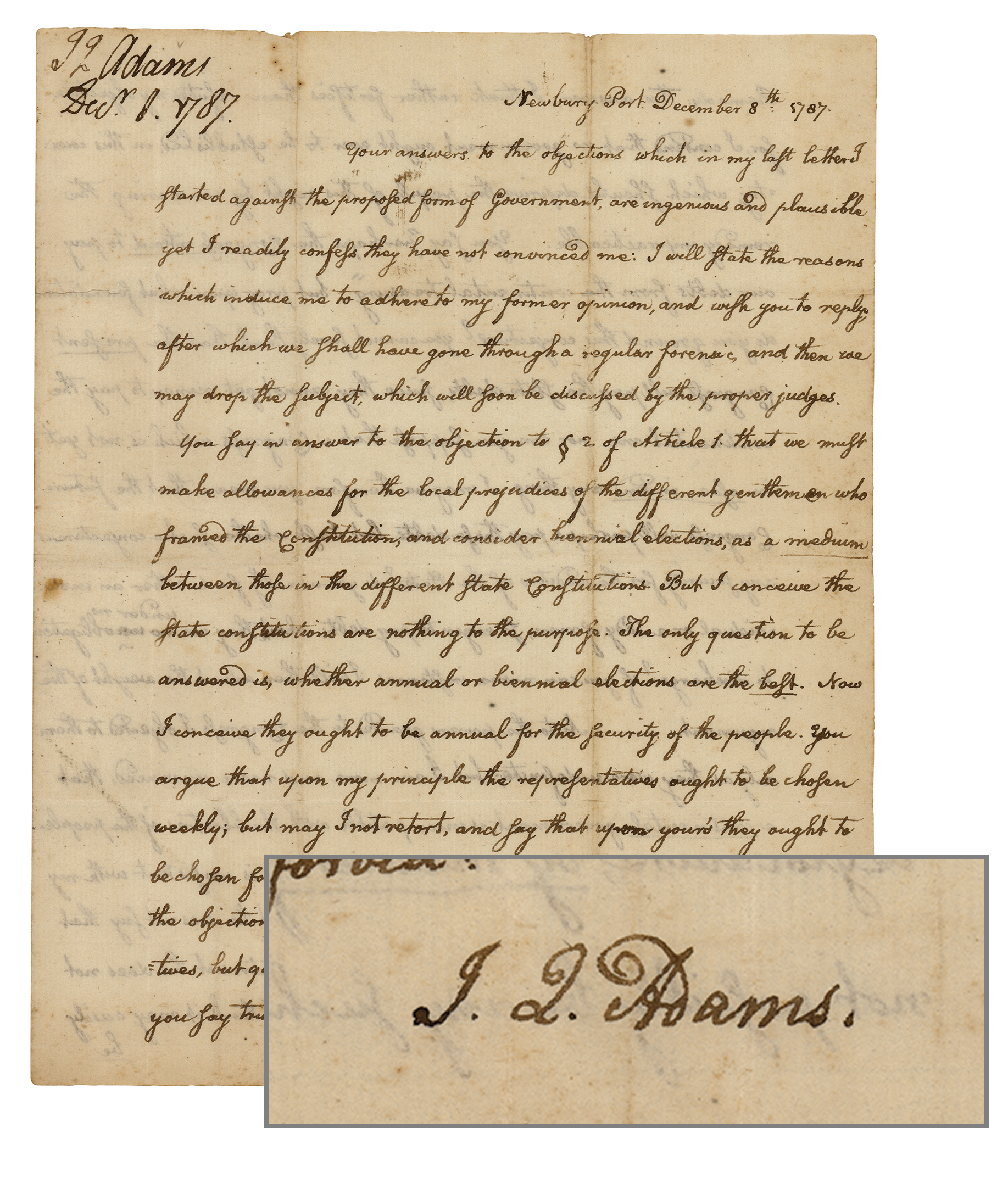 Lot #6012 John Quincy Adams Autograph Letter Signed as 20-Year-Old on Newly Drafted US Constitution (1787) - Image 1