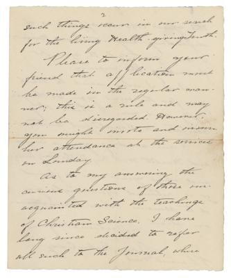 Lot #6036 Mary Baker Eddy Autograph Letter Signed: "My teachings and writings will answer any question on Christian Science" - Image 2