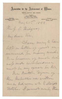 Lot #6037 Julia Ward Howe ALS on The Battle Hymn of the Republic, "written in a bedroom at Willard’s Hotel"