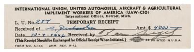 Lot #6052 Bugsy Siegel Signed United Auto Workers Receipt (1946) - Image 2