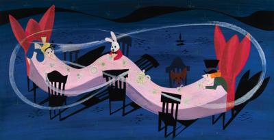 Lot #6079 Mary Blair panoramic concept painting of Alice, the Mad Hatter, the March Hare, and the Dormouse from Alice in Wonderland - Image 1