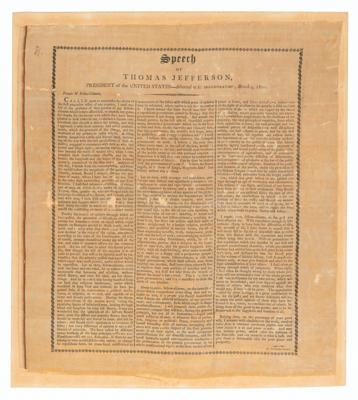 Lot #6008 Thomas Jefferson: Rare Silk Broadside of First Inaugural Address (1801)