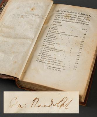 Lot #6006 Thomas Jefferson: First Edition of Notes on the State of Virginia (Edmund Randolph's Copy, Signed and Annotated)