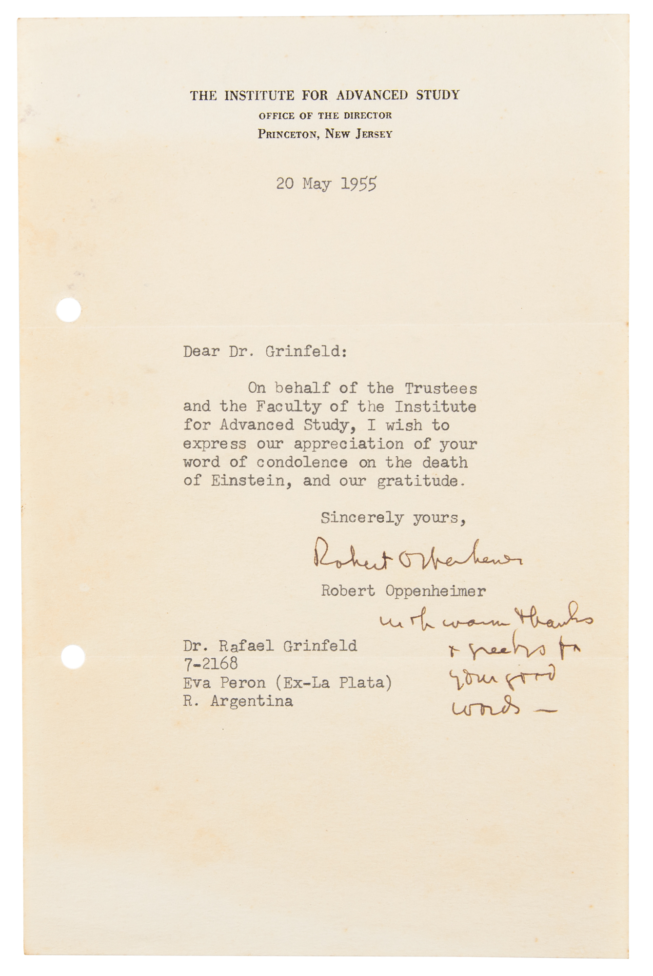 Robert Oppenheimer Typed Letter Signed On Death Of Albert Einstein