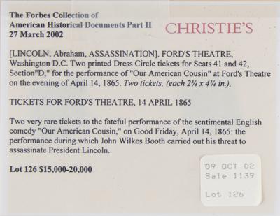 Lot #6018 Abraham Lincoln Assassination: (2) Ford's Theatre Front-Row Tickets from April 14, 1865 (ex. Forbes Collection) - Image 10
