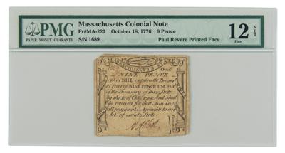 Lot #78 Paul Revere: Massachusetts Bay Currency (9 Pence, 1776) - Image 1