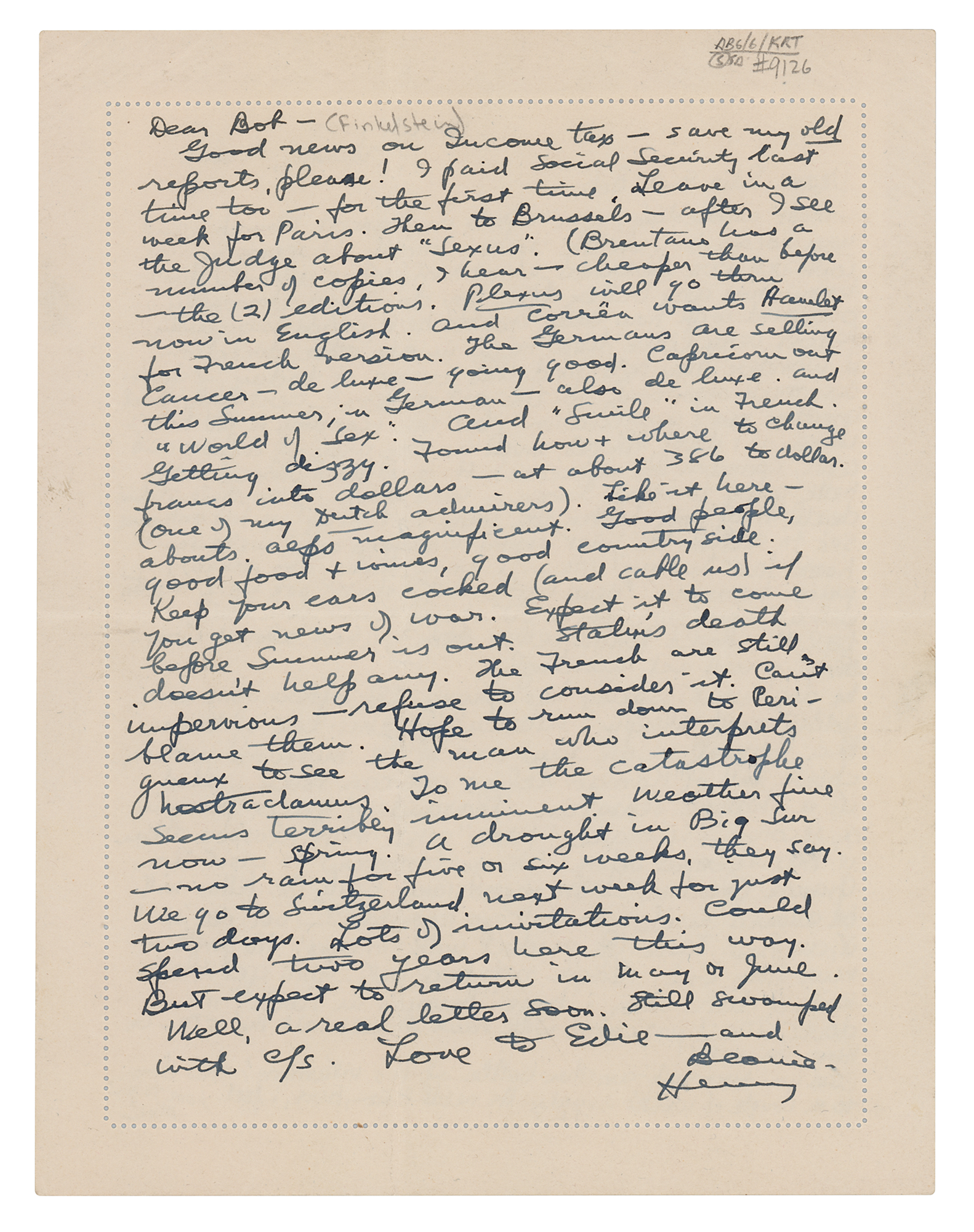 Henry Miller Autograph Letter Signed | RR Auction