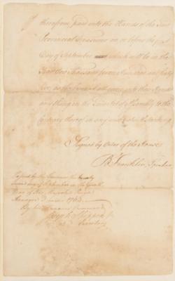 Lot #16 Benjamin Franklin Document Signed (1764) - Approving Funds for the Commissioners for Indian Affairs