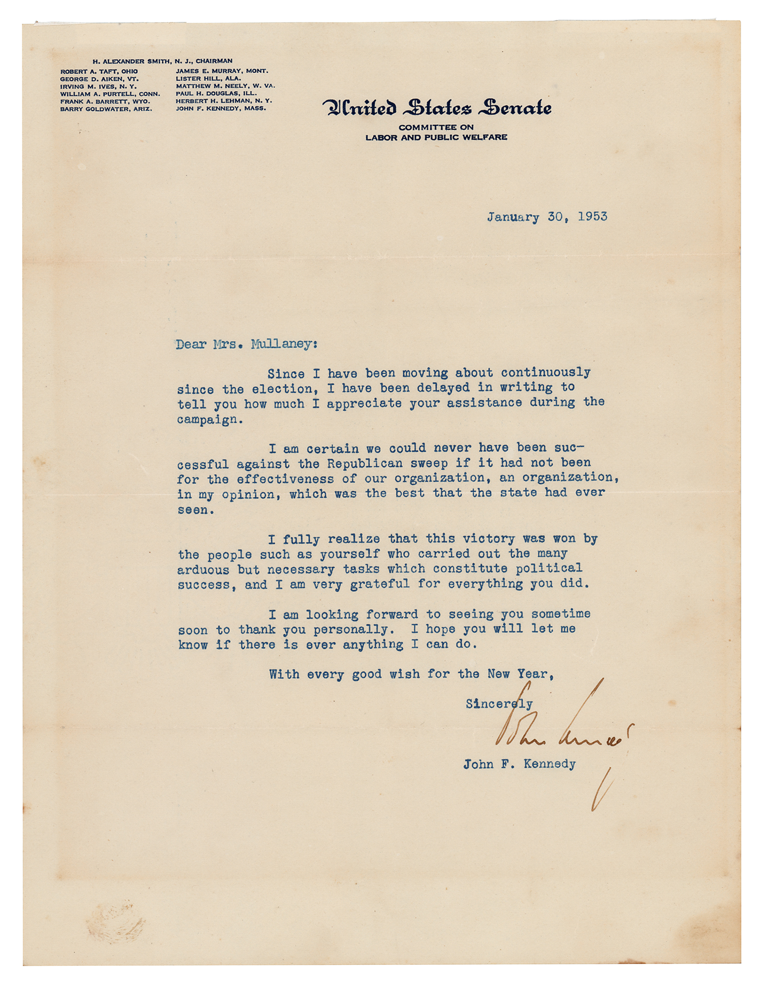 John F Kennedy Typed Letter Signed As Senator 1953 Rr Auction 