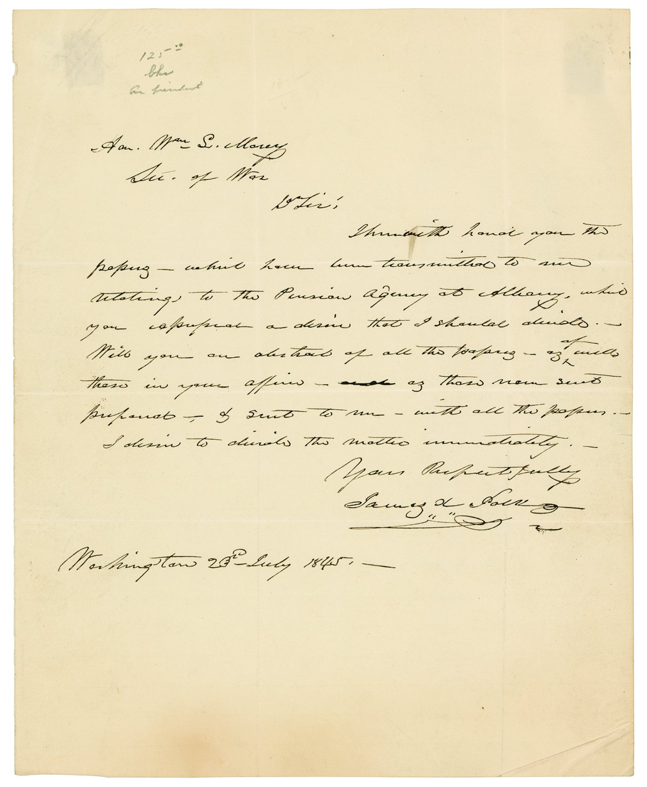 Lot #99 James K. Polk Autograph Letter Signed as President to Secretary of War William Marcy (1845) - Image 1