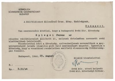 Lot #203 Raoul Wallenberg Document Signed (1944) - Schutz-Pass Related