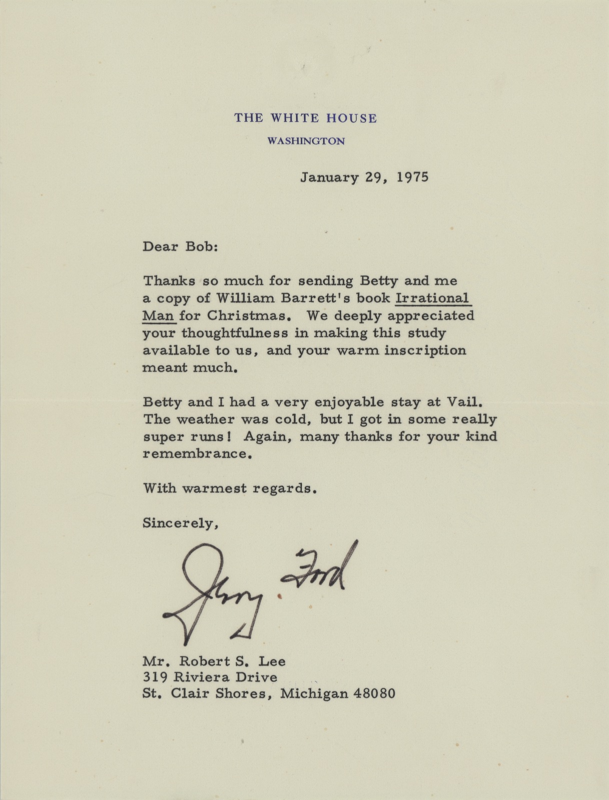 Lot #139 Gerald Ford Typed Letter Signed as President - Image 1