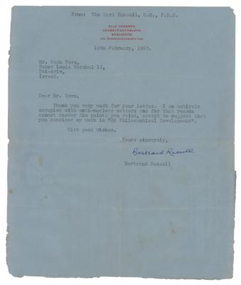 Lot #283 Bertrand Russell Typed Letter Signed