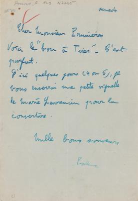 Lot #536 Francis Poulenc Autograph Letter Signed - Image 1