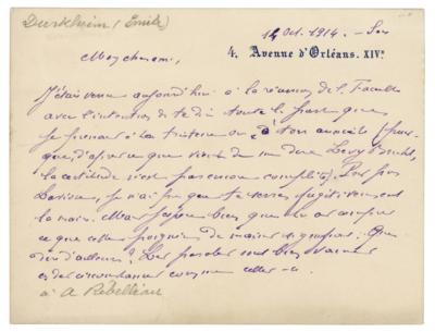Lot #215 Émile Durkheim Autograph Letter Signed