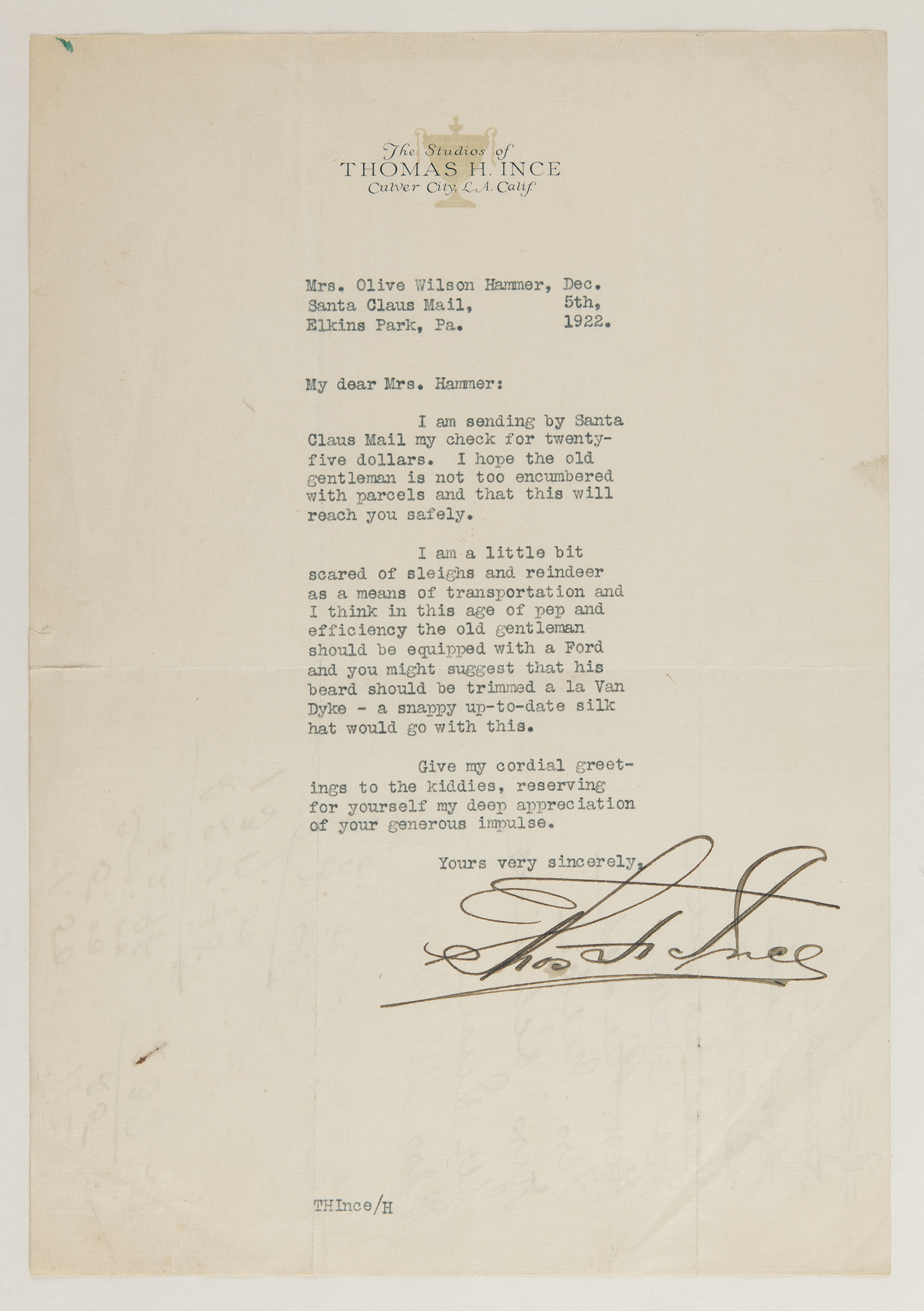 Lot #684 Thomas H. Ince Typed Letter Signed