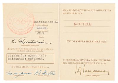 Lot #4127 Helsinki 1952 Summer Olympics Participation Medal with Badge, ID Card, and Ticket Stub - Image 5