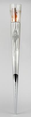 Lot #4027 Salt Lake City 2002 Winter Olympics Torch with Display Stand and Relay Uniform - Image 1