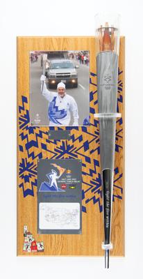 Lot #4027 Salt Lake City 2002 Winter Olympics Torch with Display Stand and Relay Uniform - Image 2