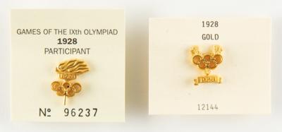 Lot #4056 Amsterdam 1928 Summer Olympics Gold Medal Winner's Pin and Participant Pin